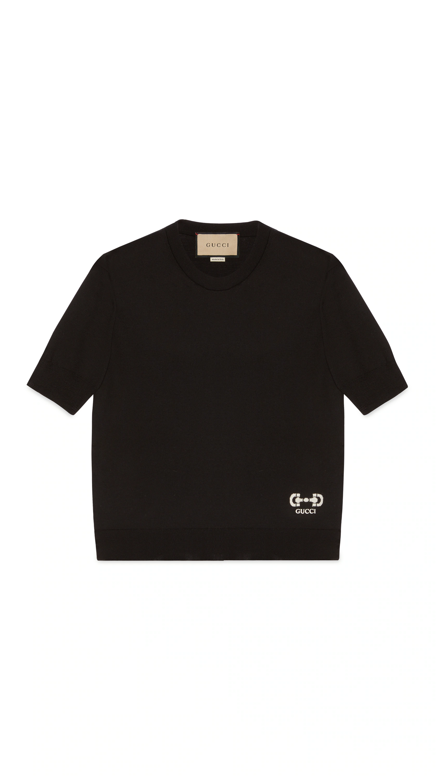 Fine Wool Top with Horsebit Intarsia - Black