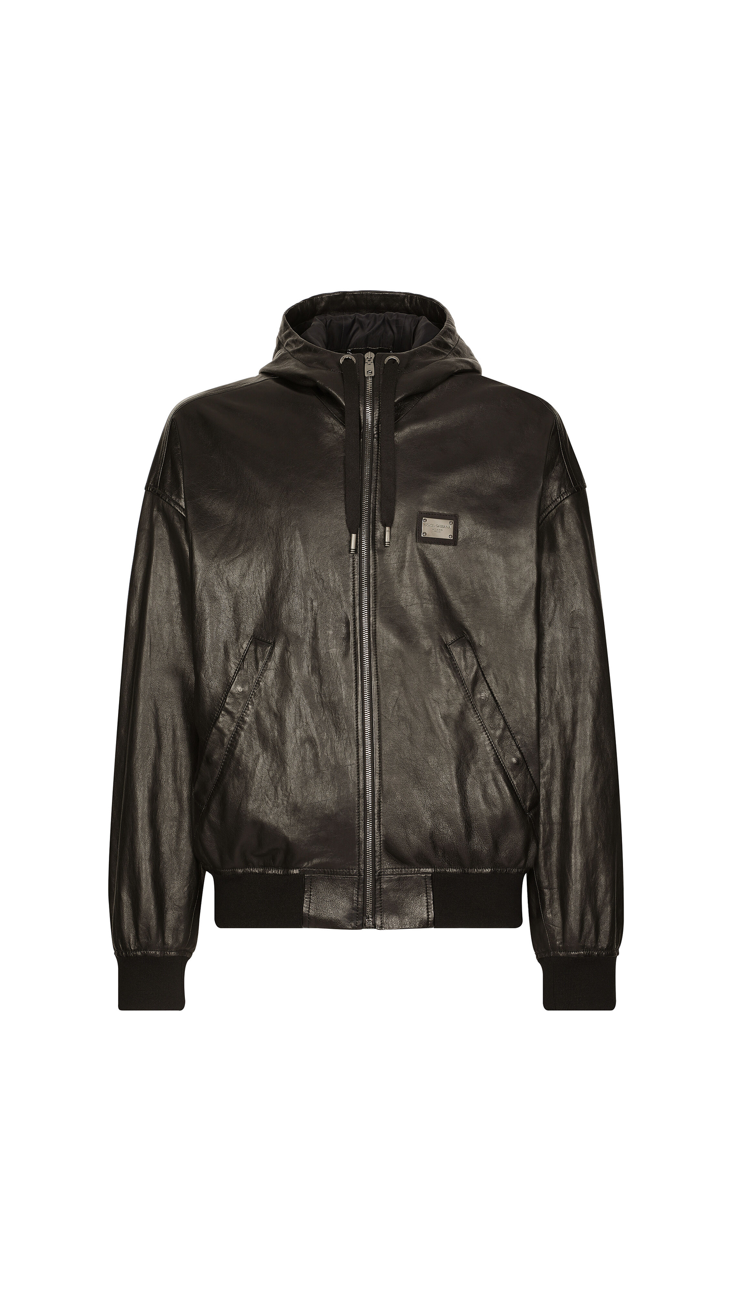 Nappa Leather Jacket with Hood and Tag - Black
