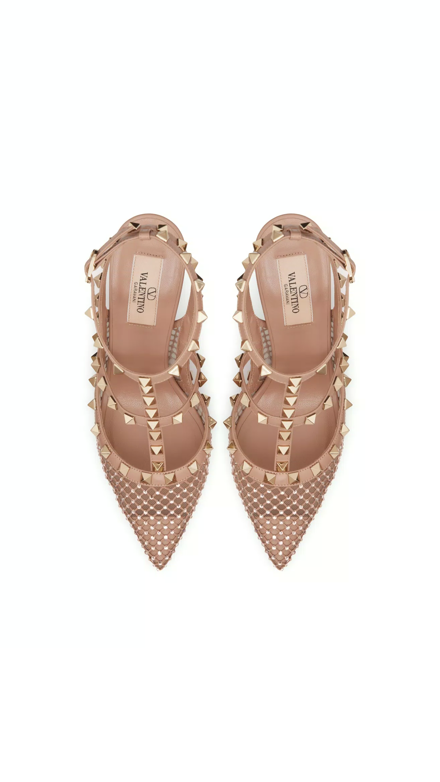 Rockstud Mesh Pump with Crystals and Straps 100MM - Rose Cannelle