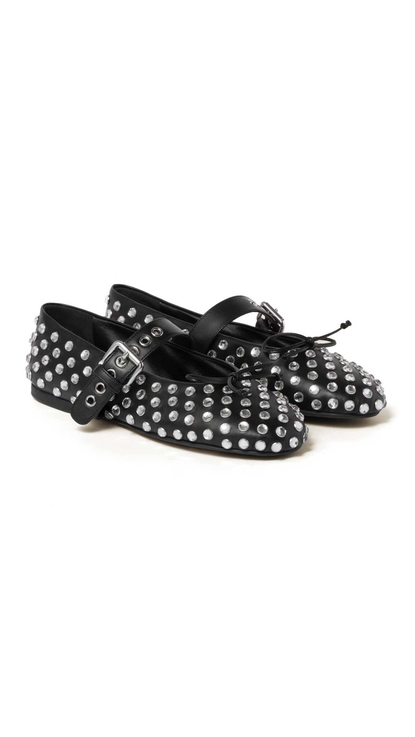 Leather and Rhinestone Ballerinas - Black