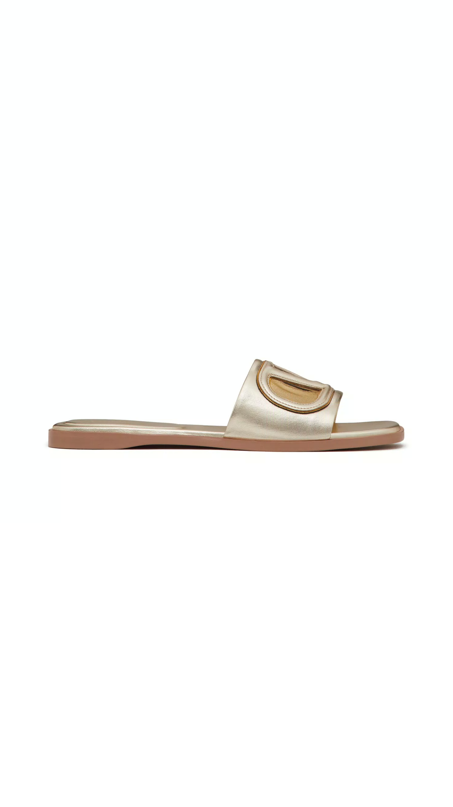 Vlogo Cut-out Laminated Nappa Leather Slide Sandal - Platinum/Antique Brass