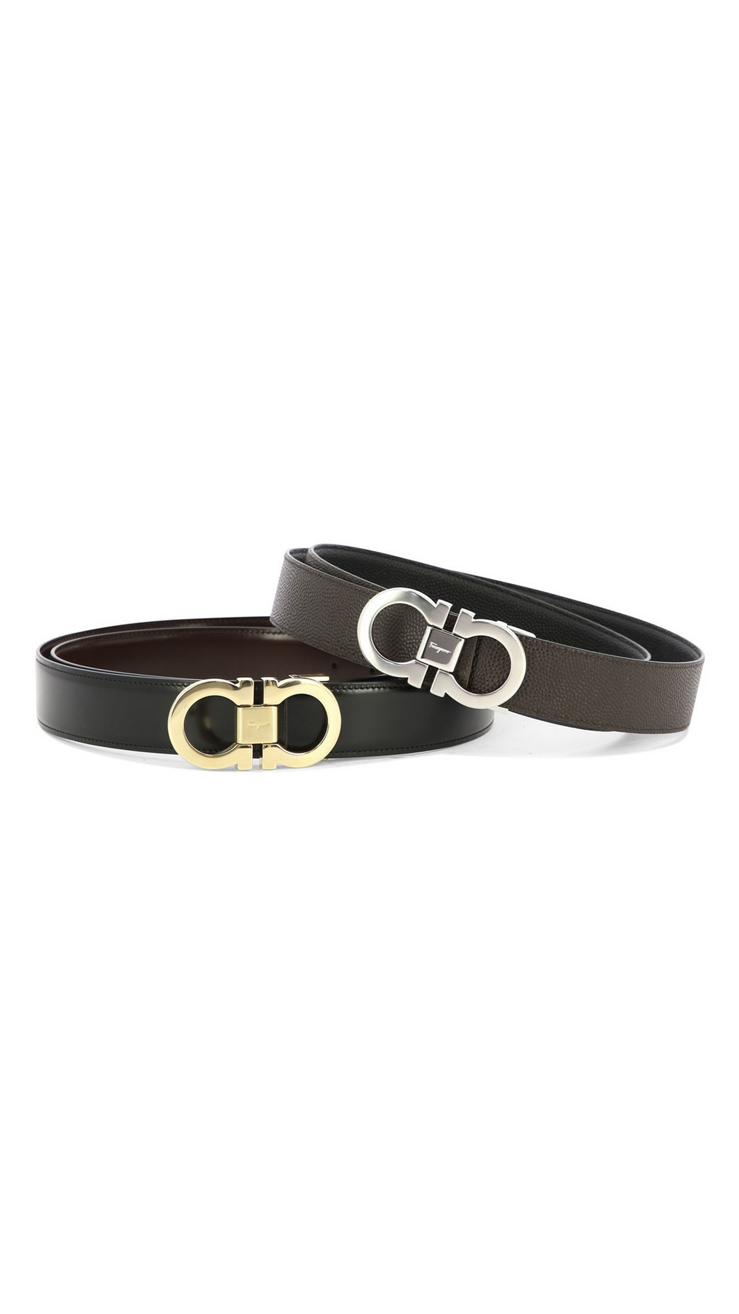 Reversible Smooth and Grained Leather Gancini Belts Box Gift Set - Gold/Silver