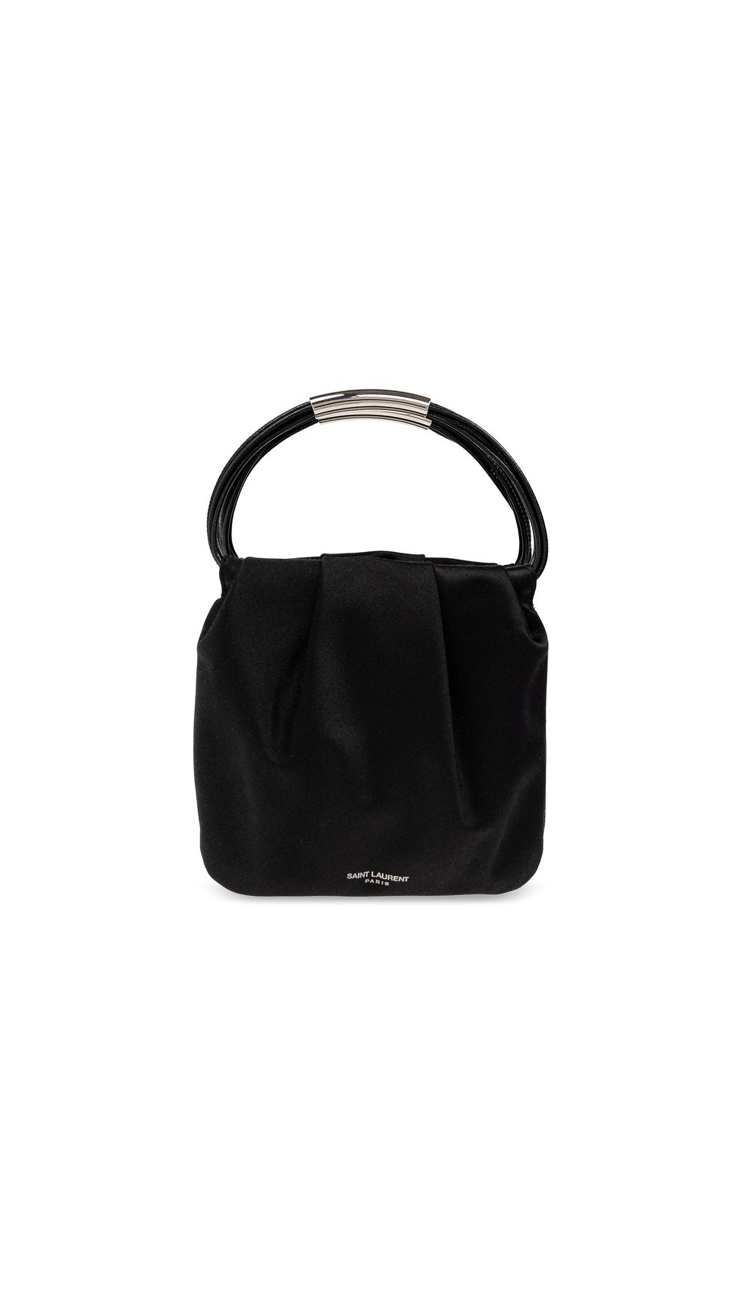 Mini Leather-Trimmed Gathered Satin Tote - Black