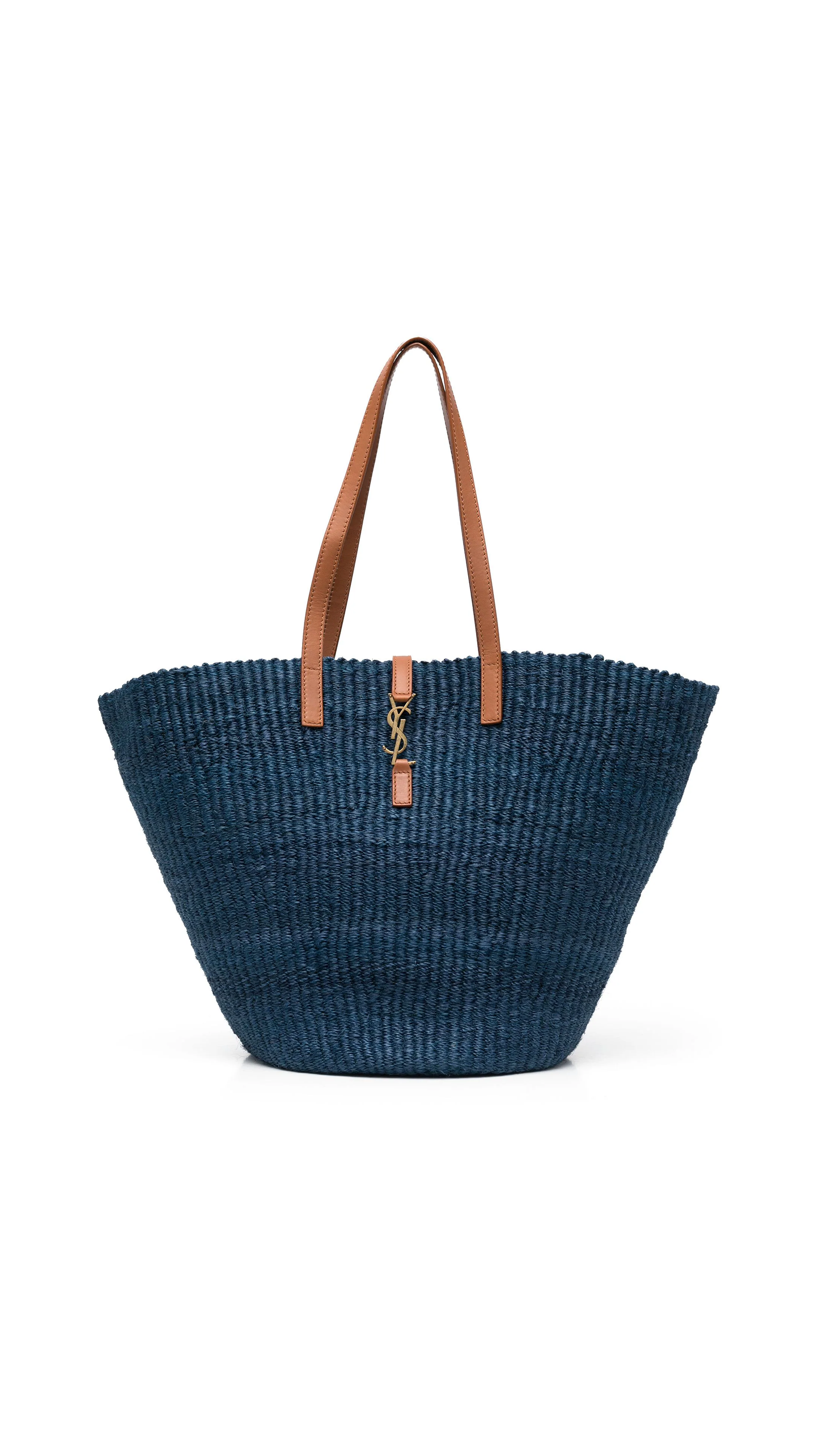 Panier Medium Bag in Crocket Raffia and Smooth Leather - Navy