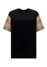 Vintage Check Sleeve Cotton Oversized T-shirt - Black