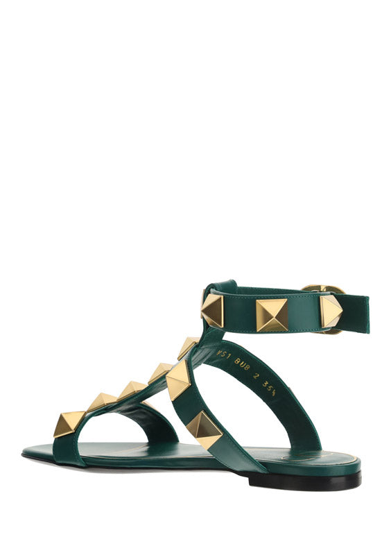 Roman Stud Flat Calfskin Sandal - Green