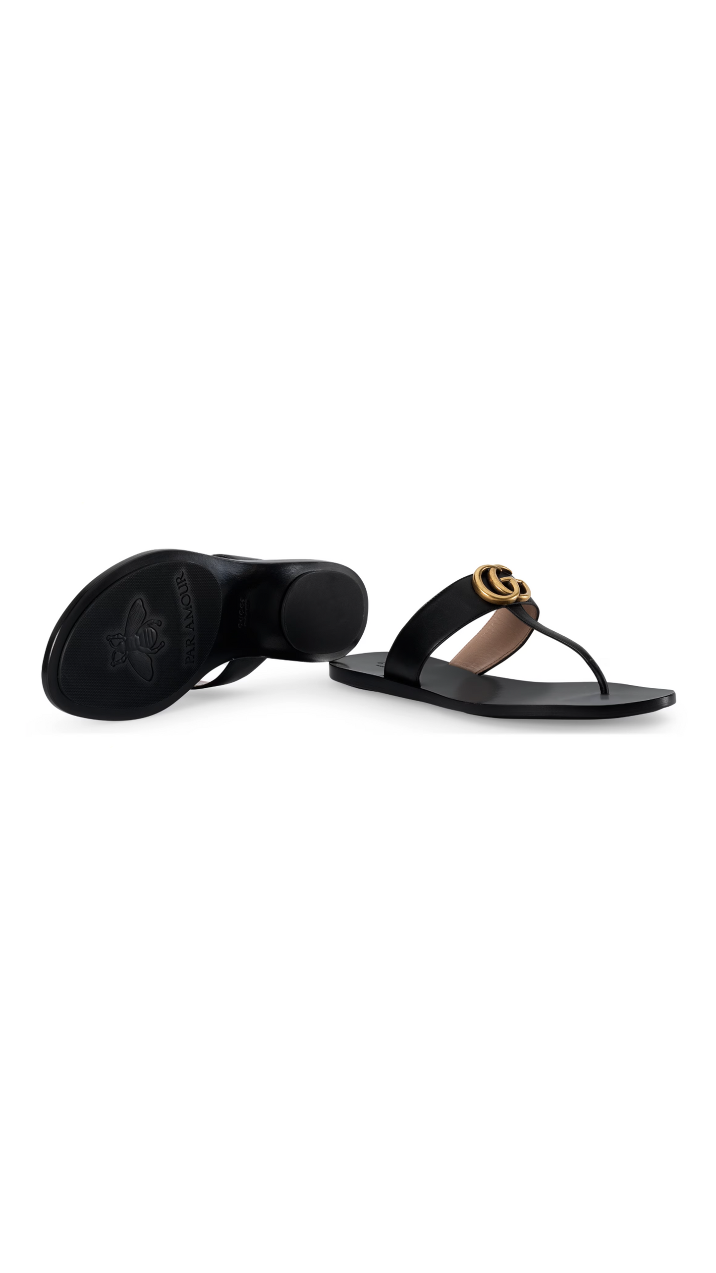 Leather Thong Sandal with Double G - Black