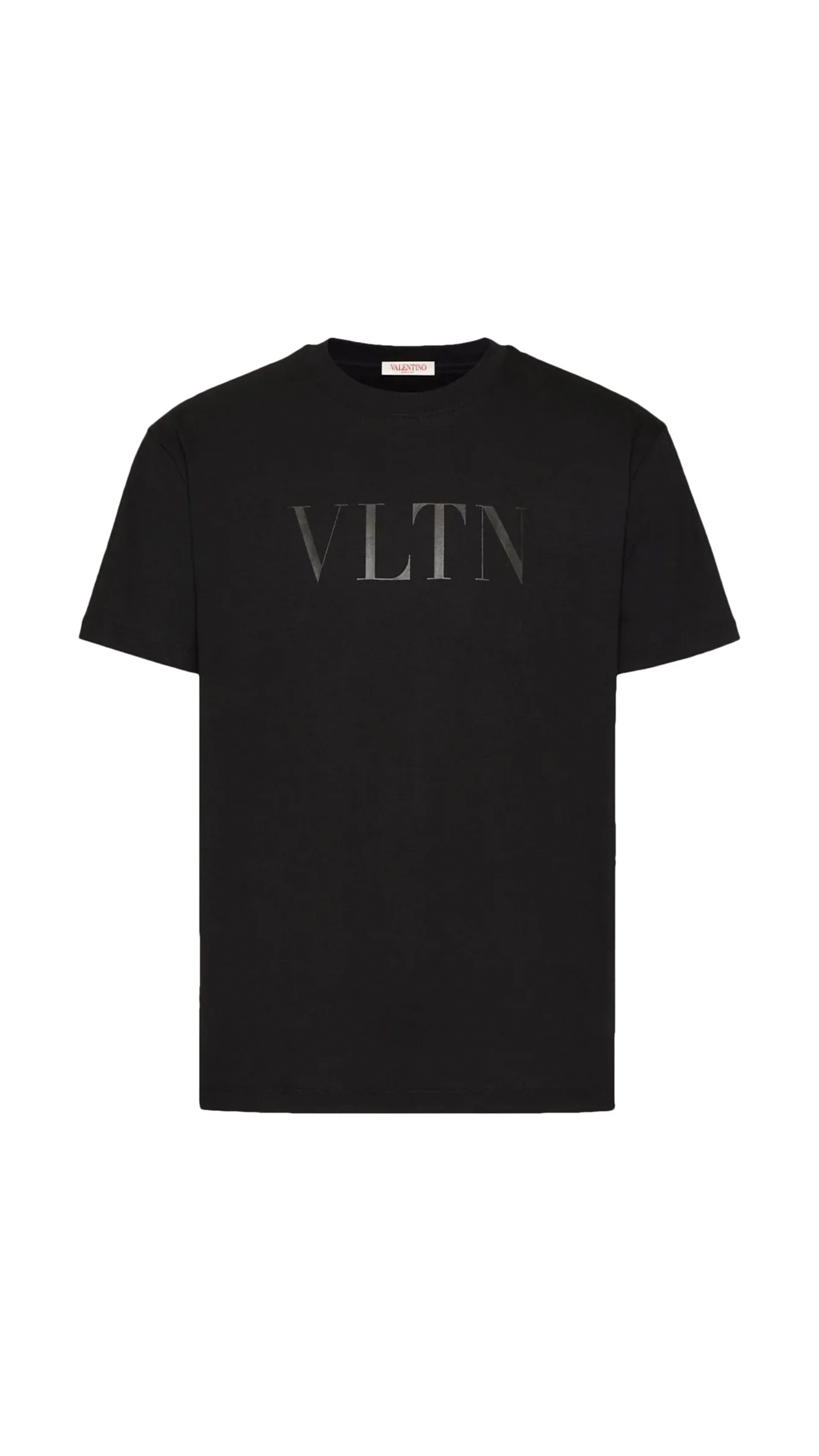 Cotton Crewneck T-shirt with VLTN Print - Black