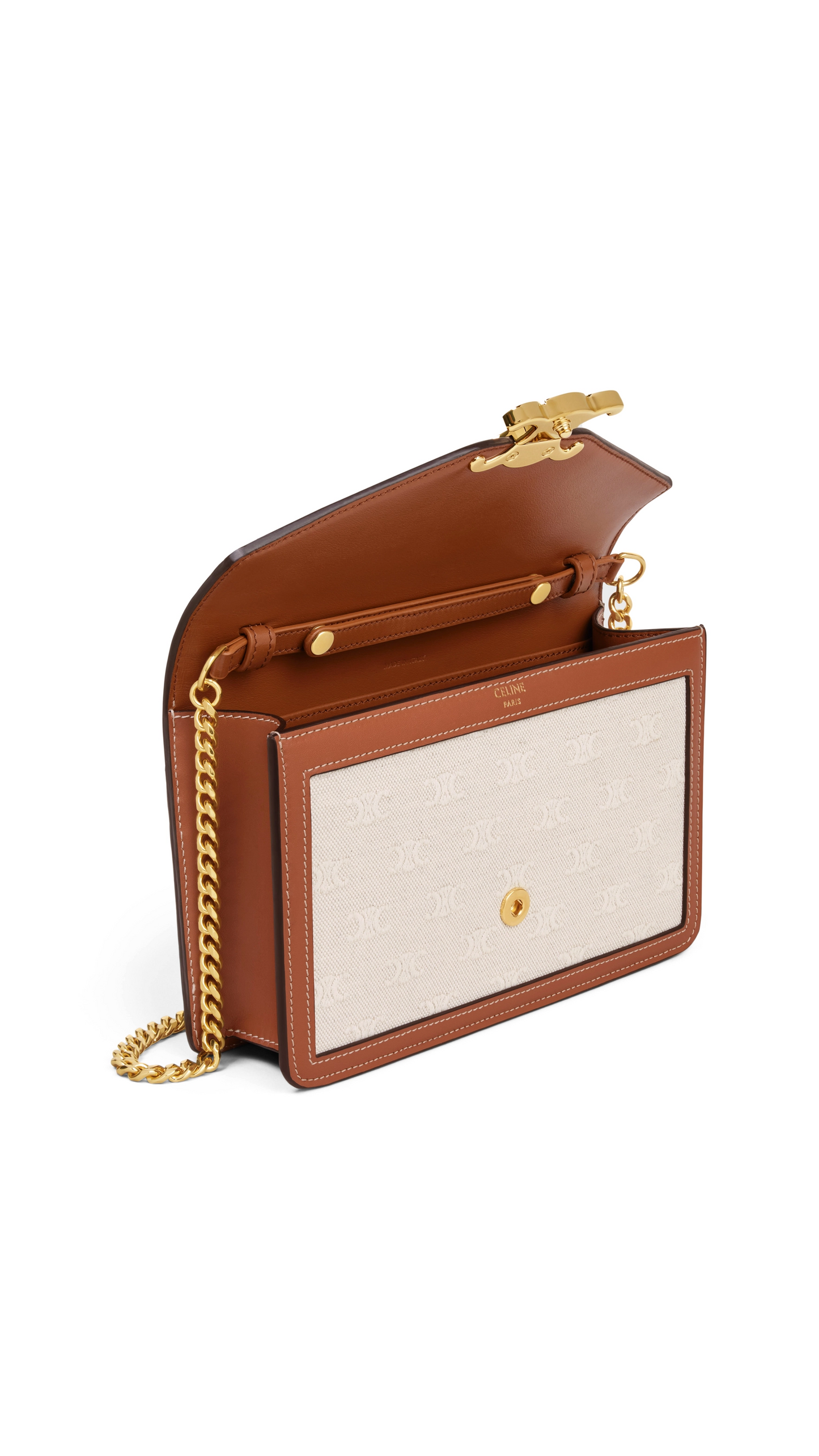 Wallet on Chain Triomphe in Textile and Calfskin - Natural/Tan