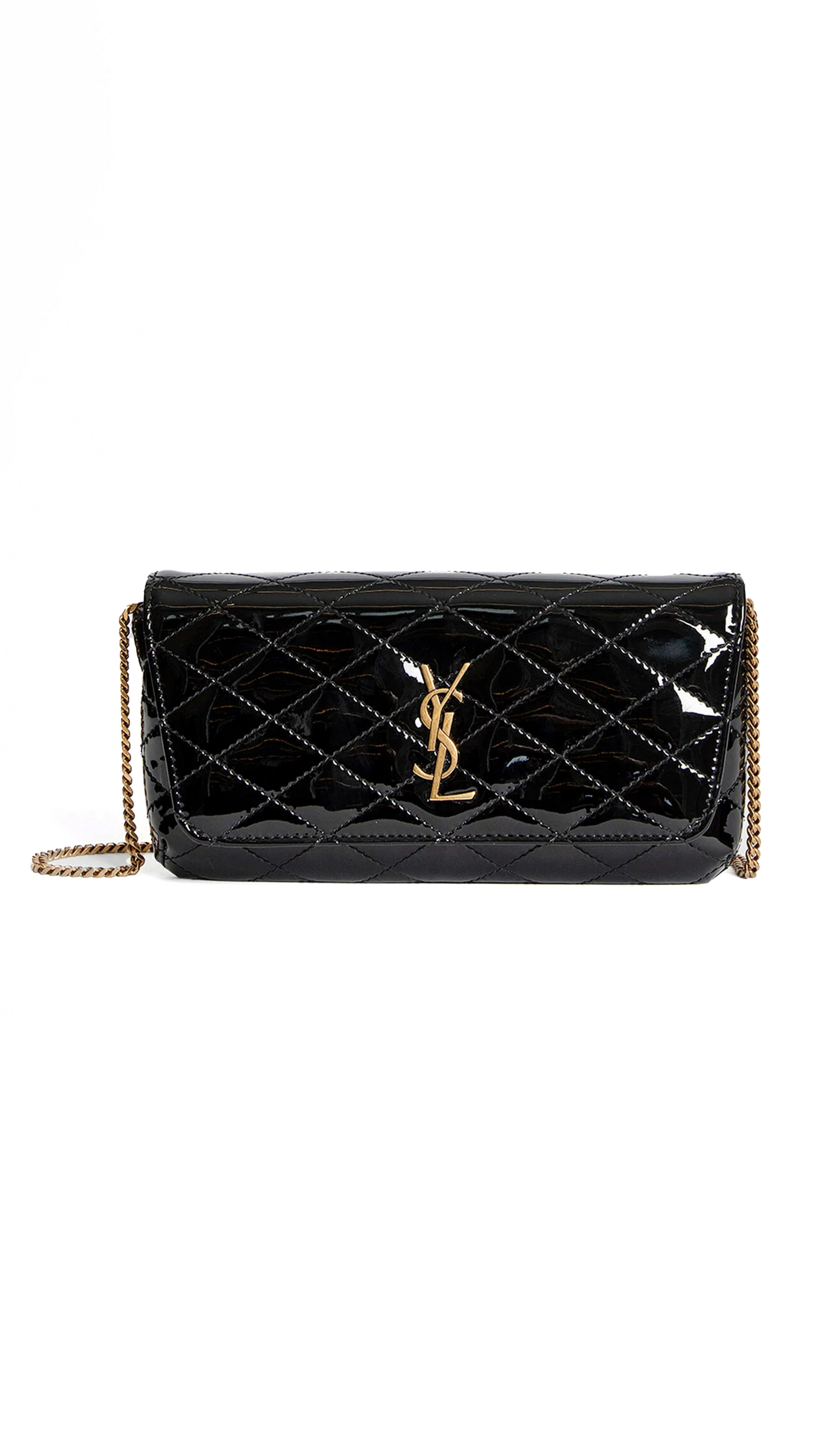 Gabby Chain Phone Holder in Quilted Patent Leather - Black