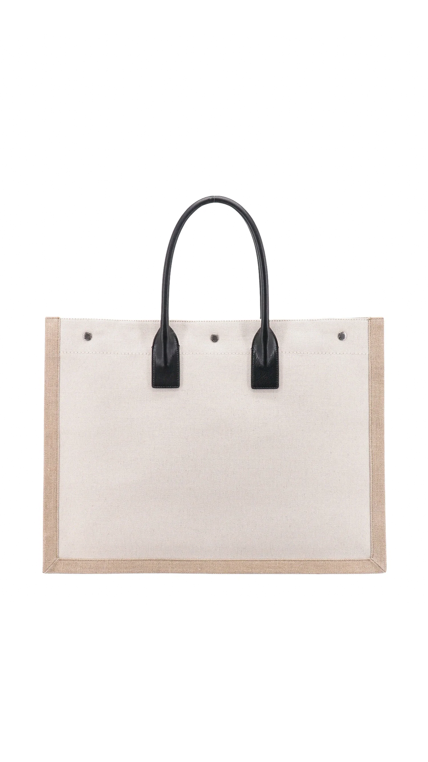 Rive Gauche Large Tote Bag in Canvas and Smooth Leather - Greige/Natural/Black