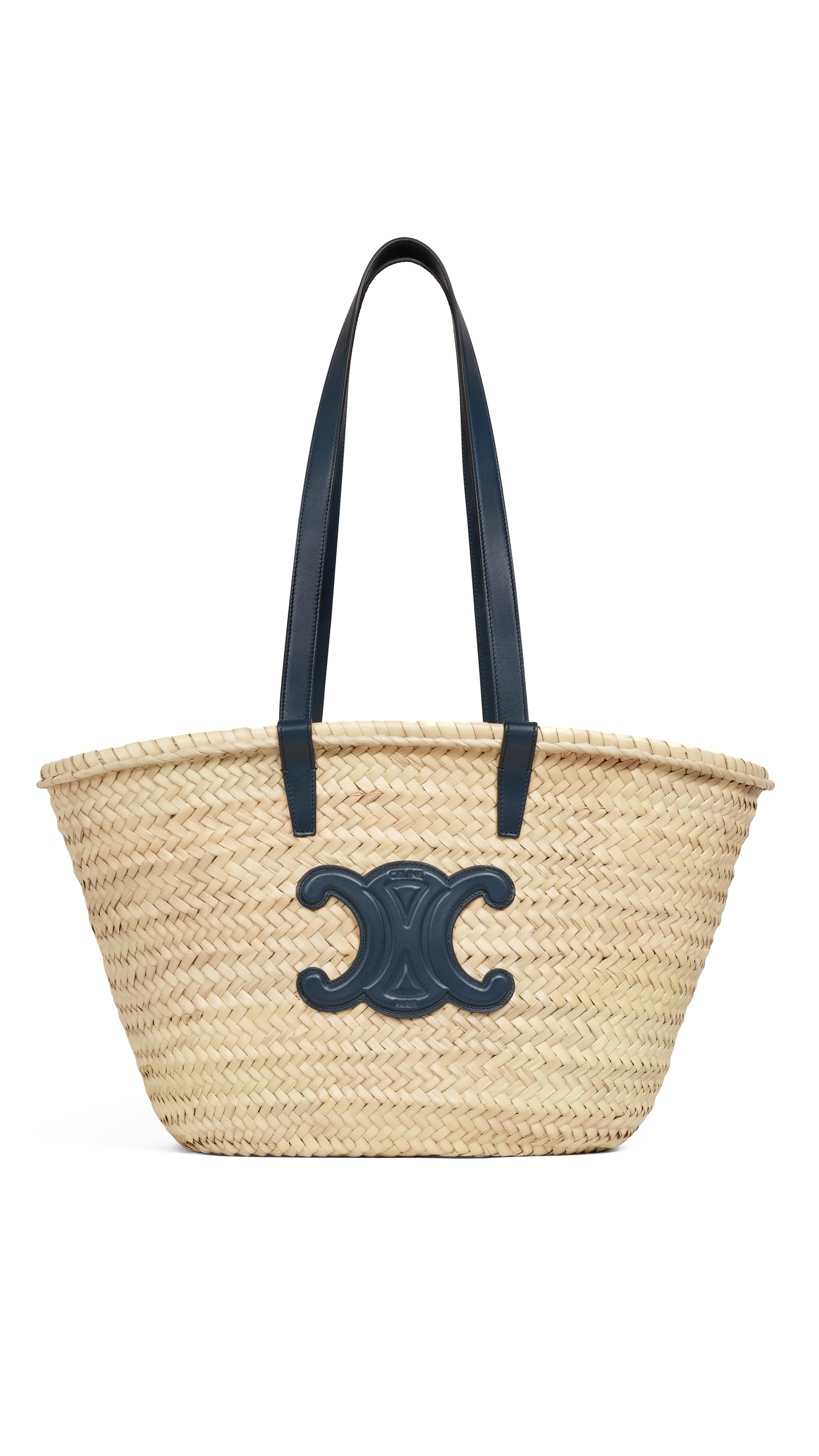 Medium Triomphe Classic Panier in Palm Leaves and Calfskin - Navy