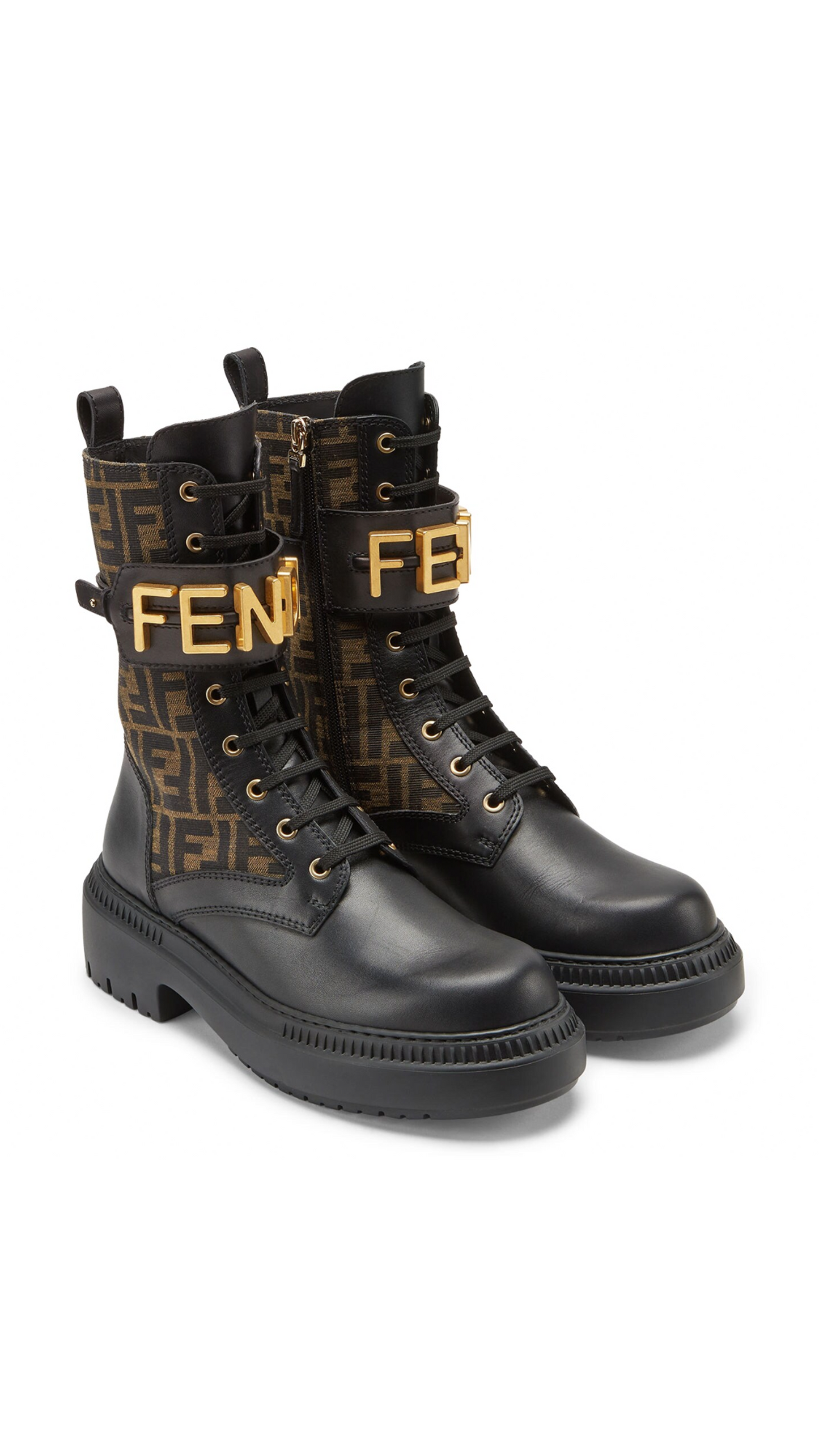 Fendigraphy FF Canvas and Leather Boots - Brown/Black