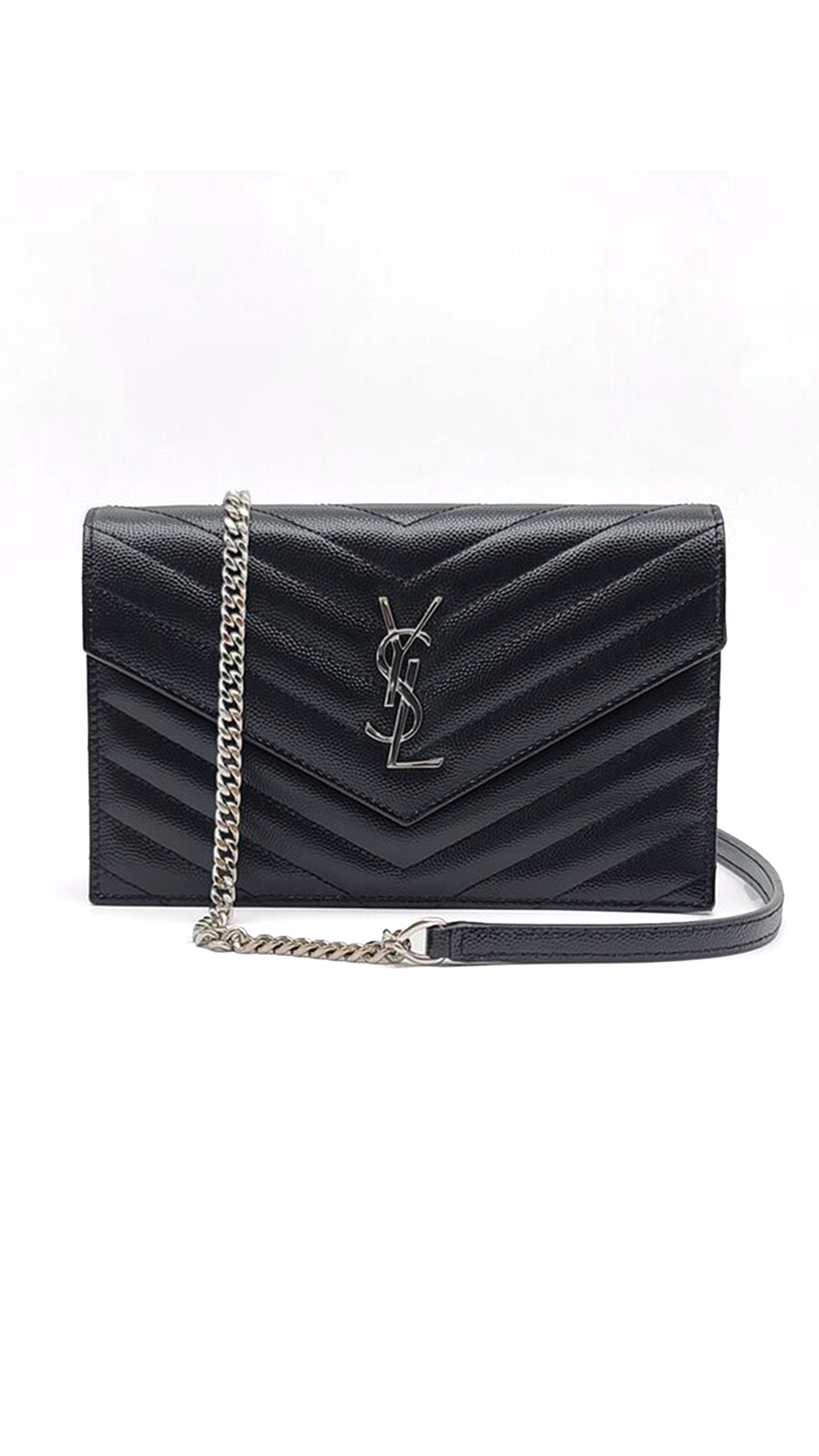Cassandre Matelassé Envelope Chain Wallet in Gain de Poudre Embossed Leather - Black