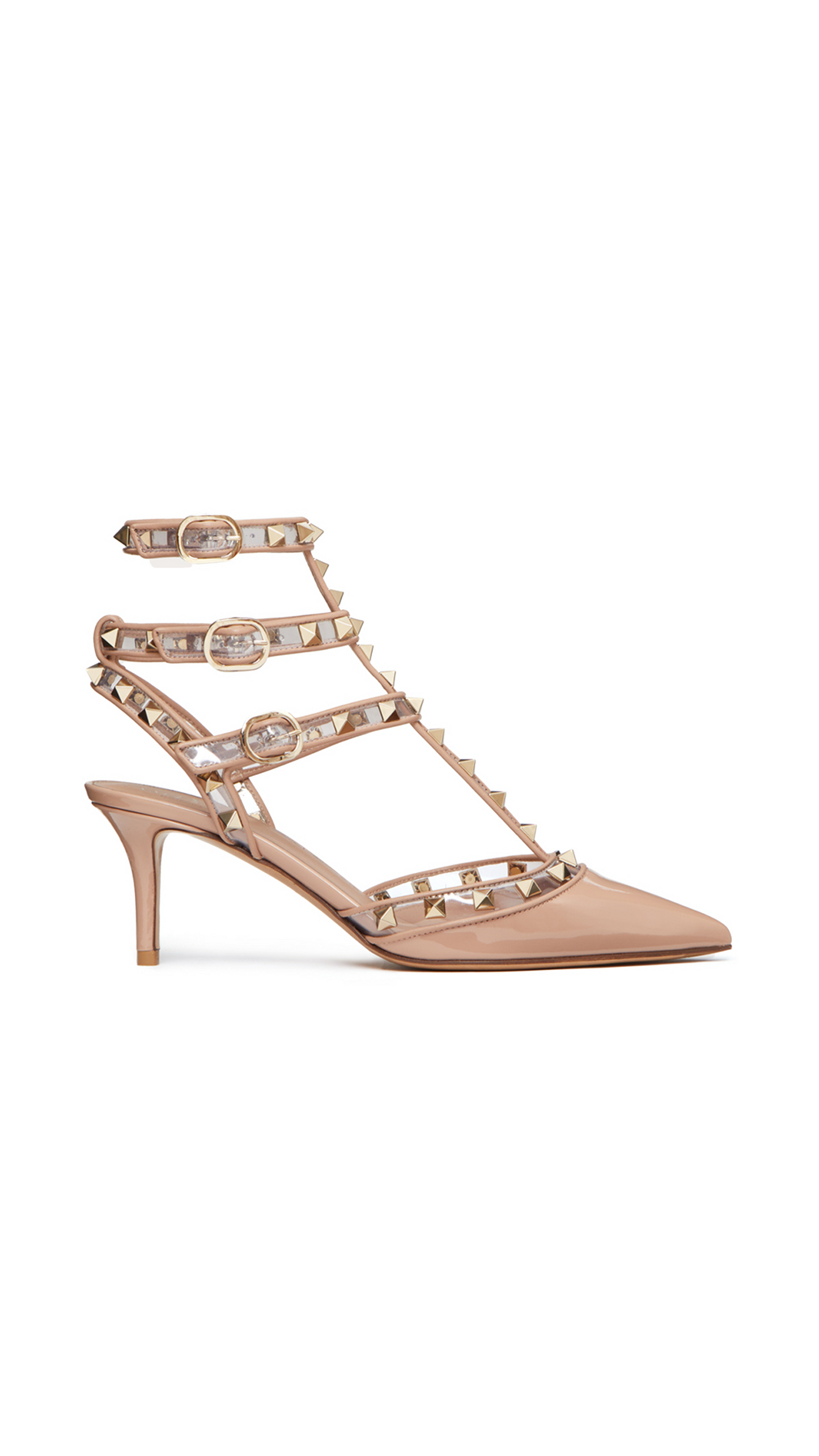 Rockstud Pumps in Patent Leather and Polymer Materials with Straps 65MM - Poudre/Transparant