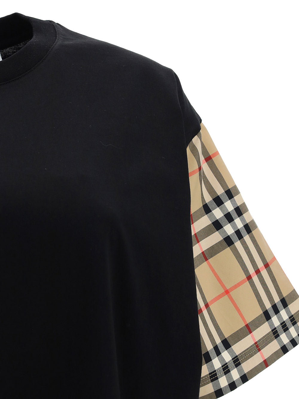 Vintage Check Sleeve Cotton Oversized T-shirt - Black