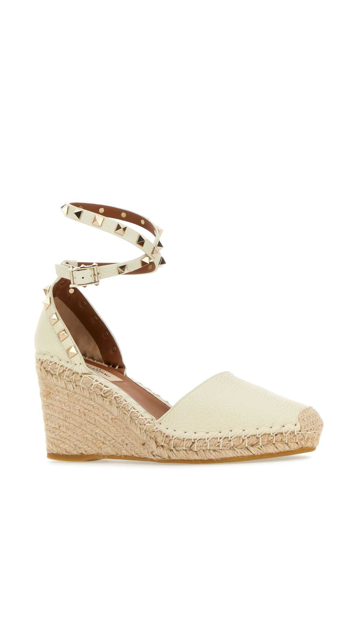 Rockstud Double Wedge Espadrille in Grainy Calfskin 85MM - Light Ivory