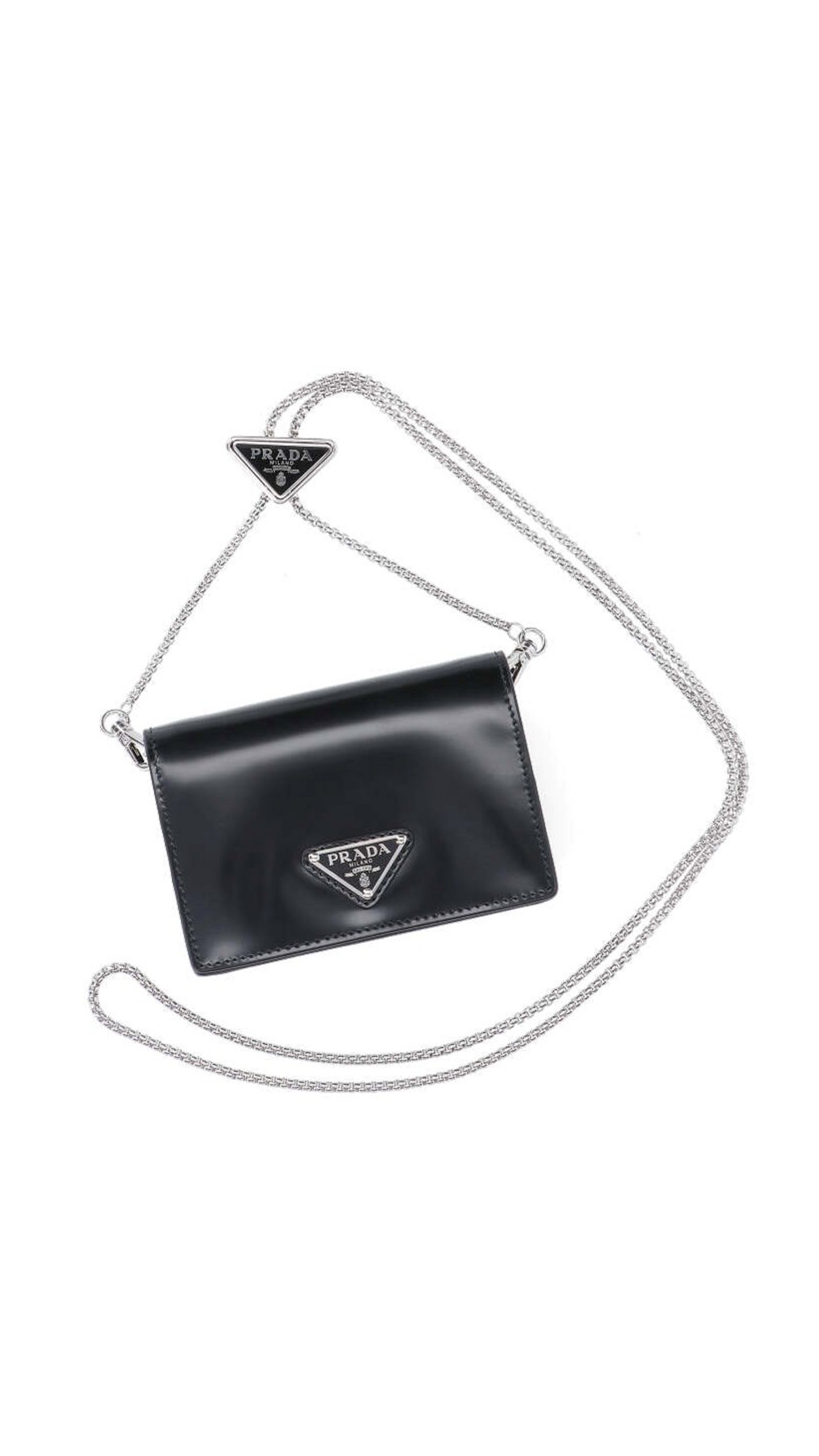 Brushed Leather Card Holder with Chain Strap - Black