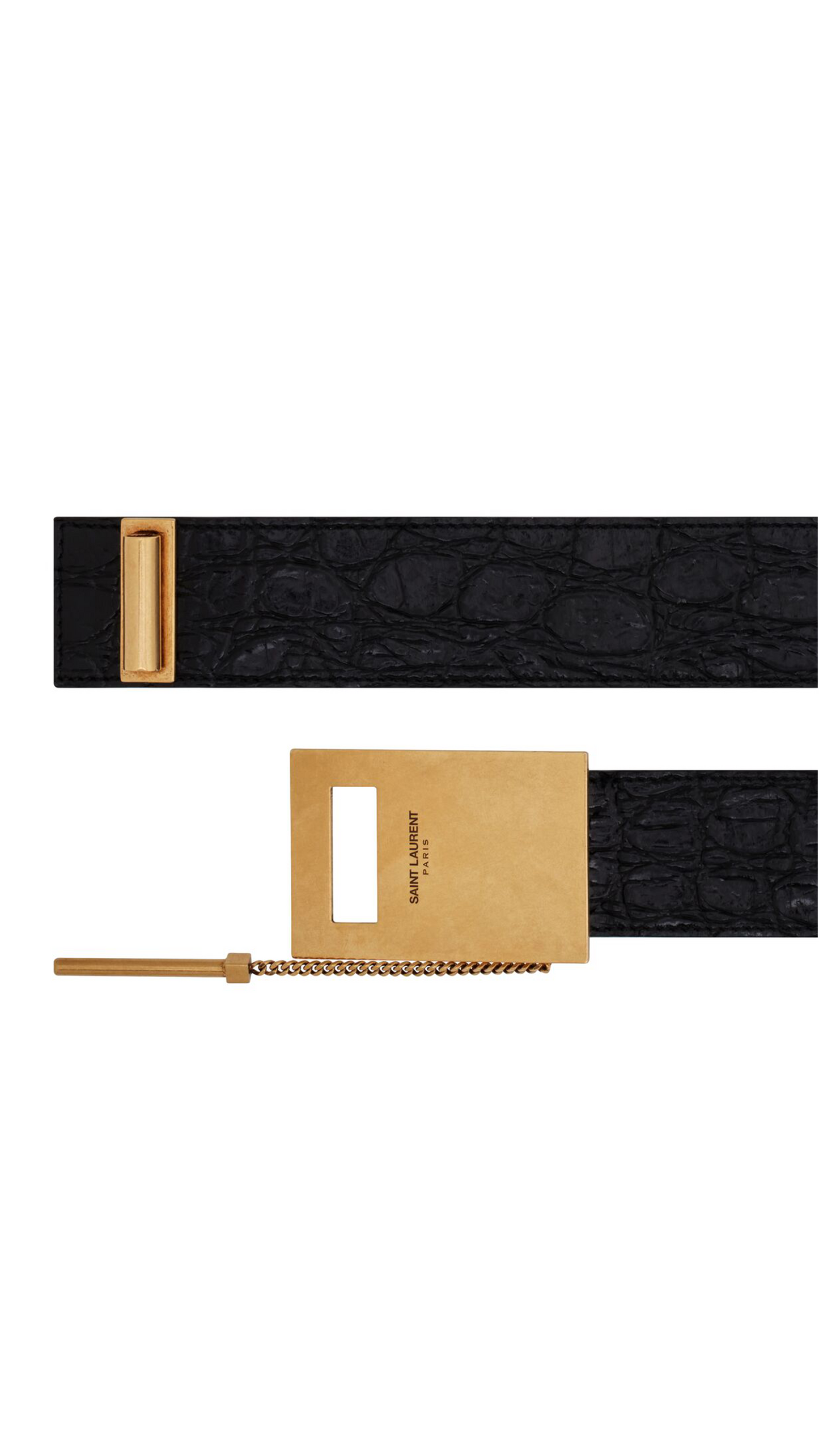Chaine et Baton Buckle Belt in Crocodile Embossed Leather - Black/Gold