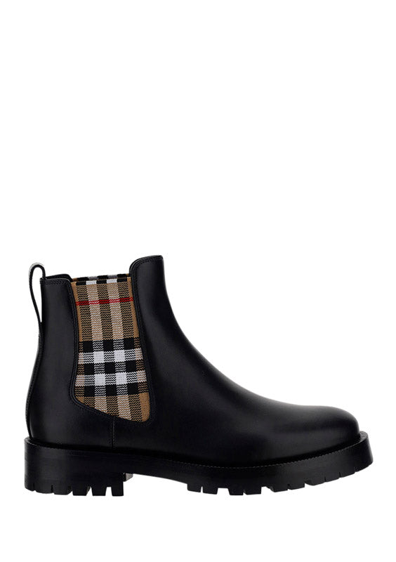 Vintage Check Detail Leather Chelsea Boots - Black