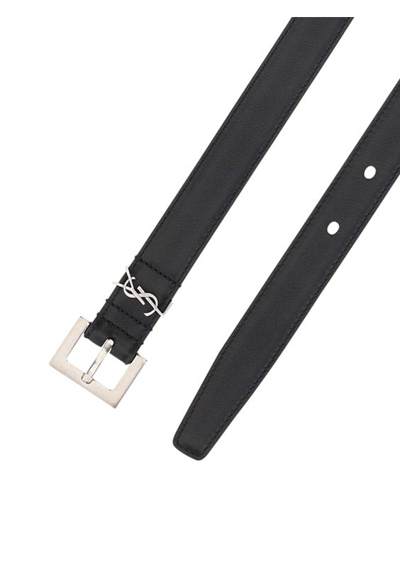 Narrow Leather Belt with a Square Buckle With the YSL Logo - Black.