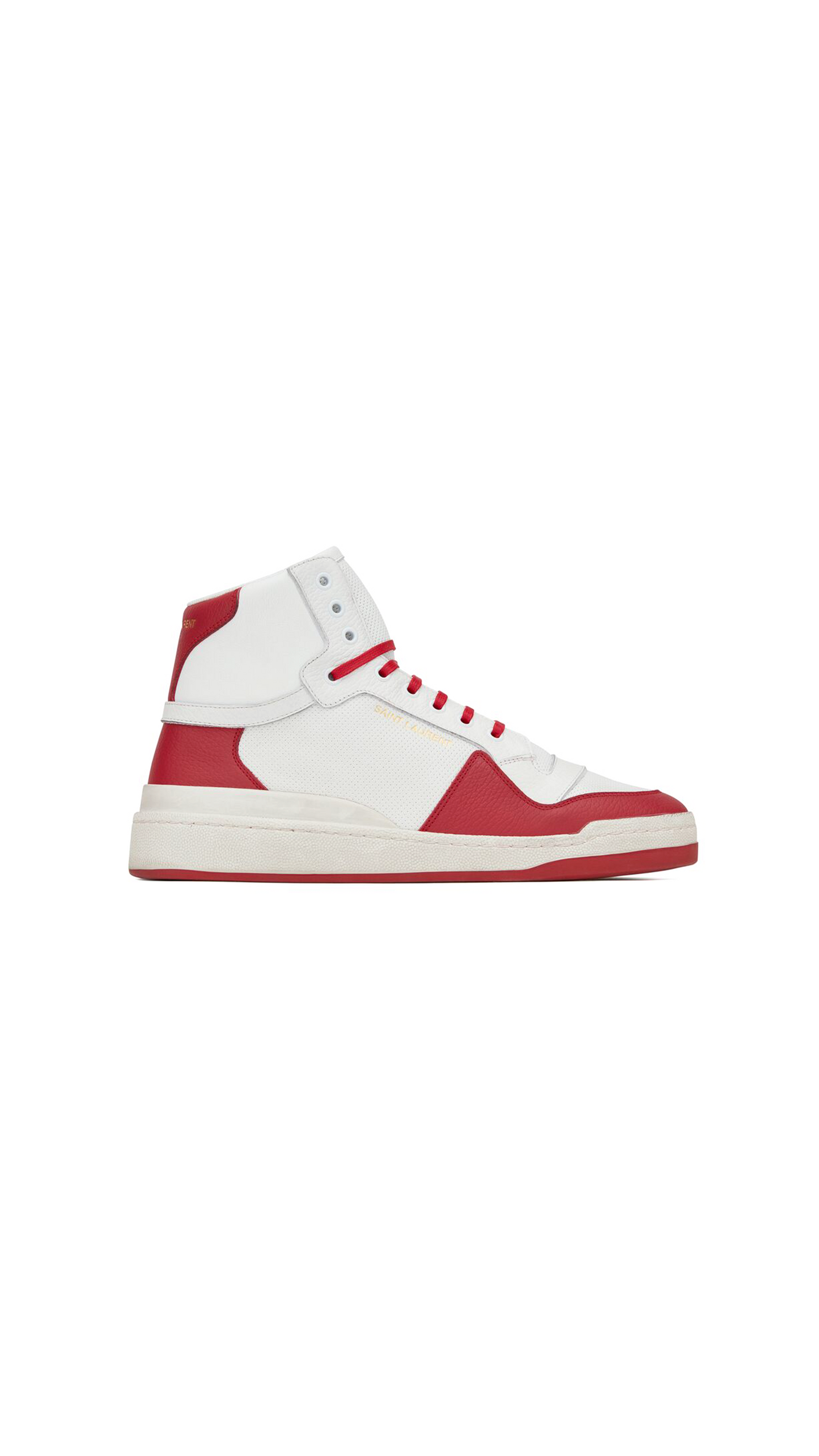 SL24 Mid-Top Sneakers In Perforated And Grained Leather - White / Red