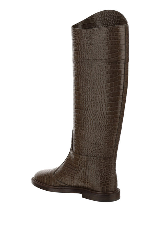 FF Karligraphy Motif Boots In Crocodile-Embossed Leather - Brown