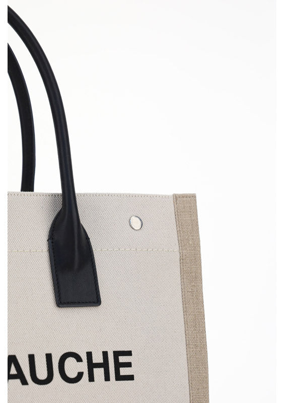 Rive Gauche Small Tote Bag in Linen and Leather - Greige / Black / Neutral