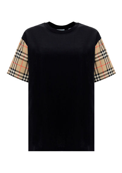 Vintage Check Sleeve Cotton Oversized T-shirt - Black