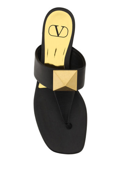 One Stud Calfskin Flat Thong Sandal - Black
