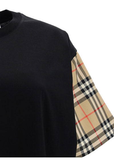 Vintage Check Sleeve Cotton Oversized T-shirt - Black