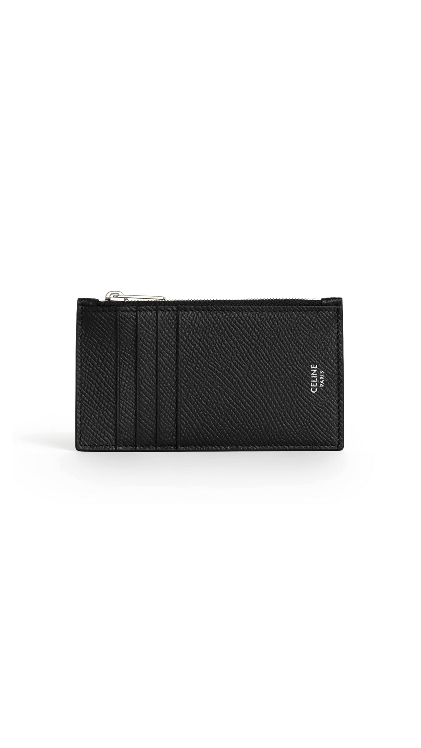 Zipped Compact Card Holder In Grained Calfskin - Black