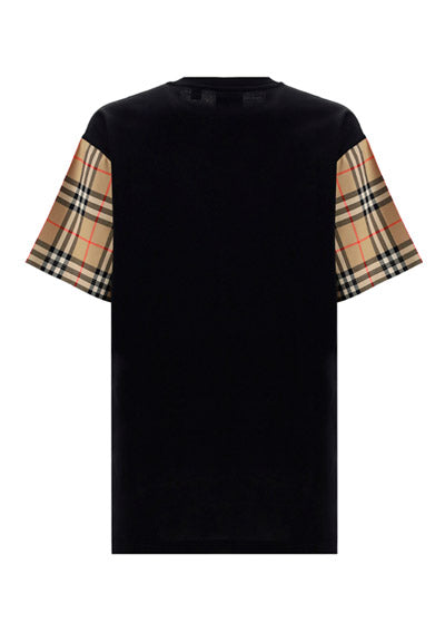Vintage Check Sleeve Cotton Oversized T-shirt - Black