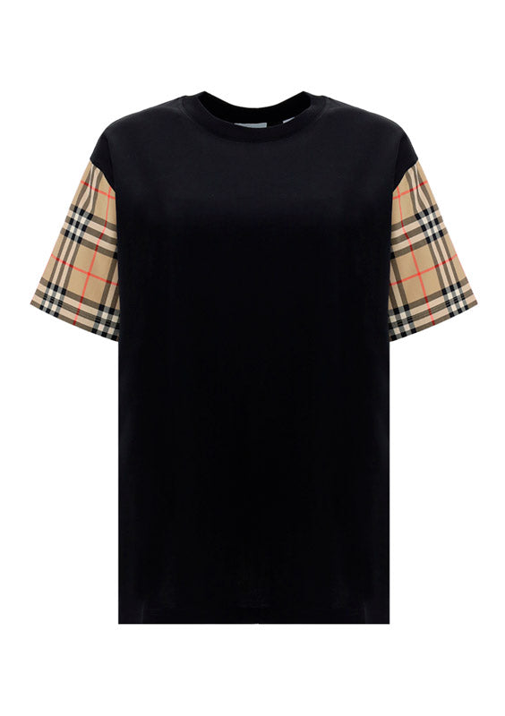 Vintage Check Sleeve Cotton Oversized T-shirt - Black