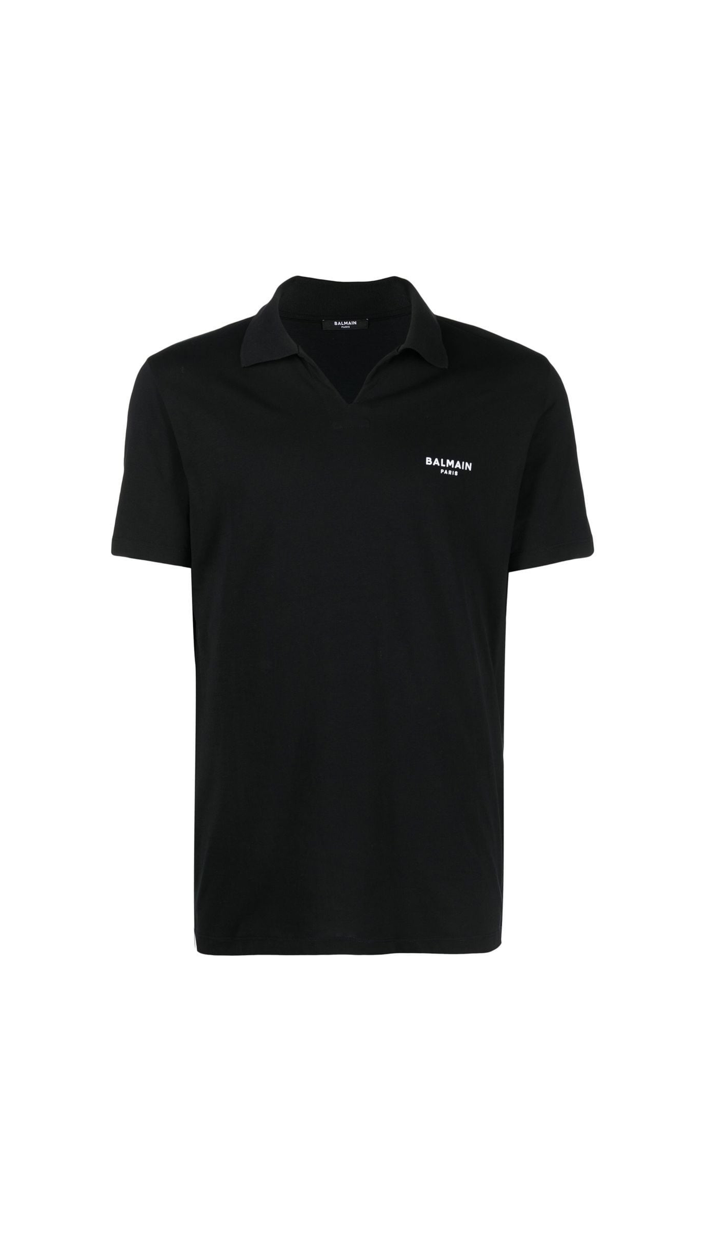 Sustainable Cotton Polo with Small Velvet Balmain Paris Logo - Black