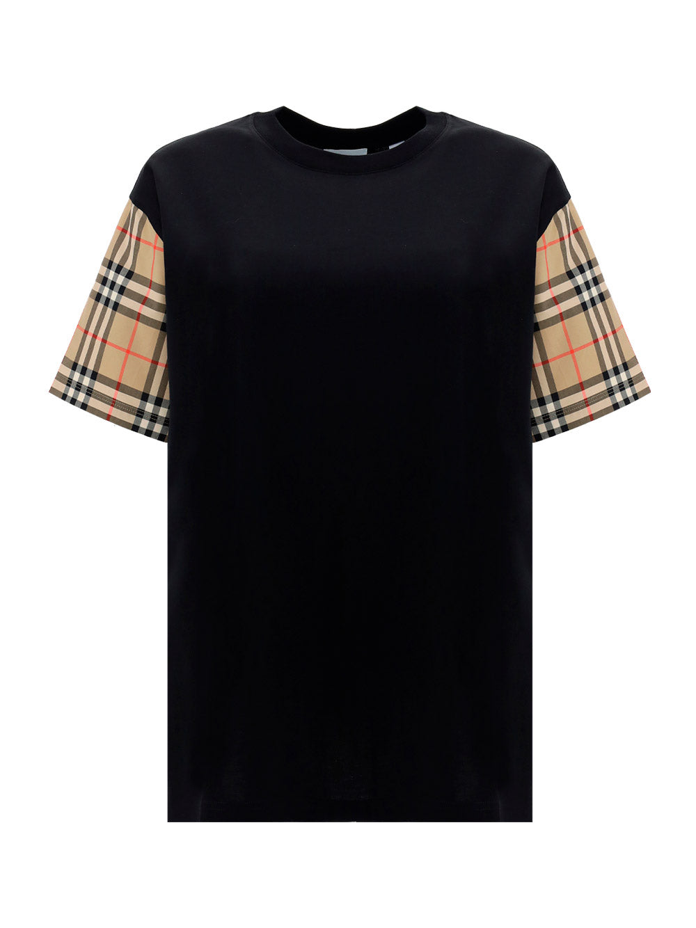 Vintage Check Sleeve Cotton Oversized T-shirt - Black