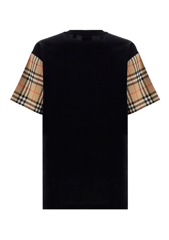 Vintage Check Sleeve Cotton Oversized T-shirt - Black