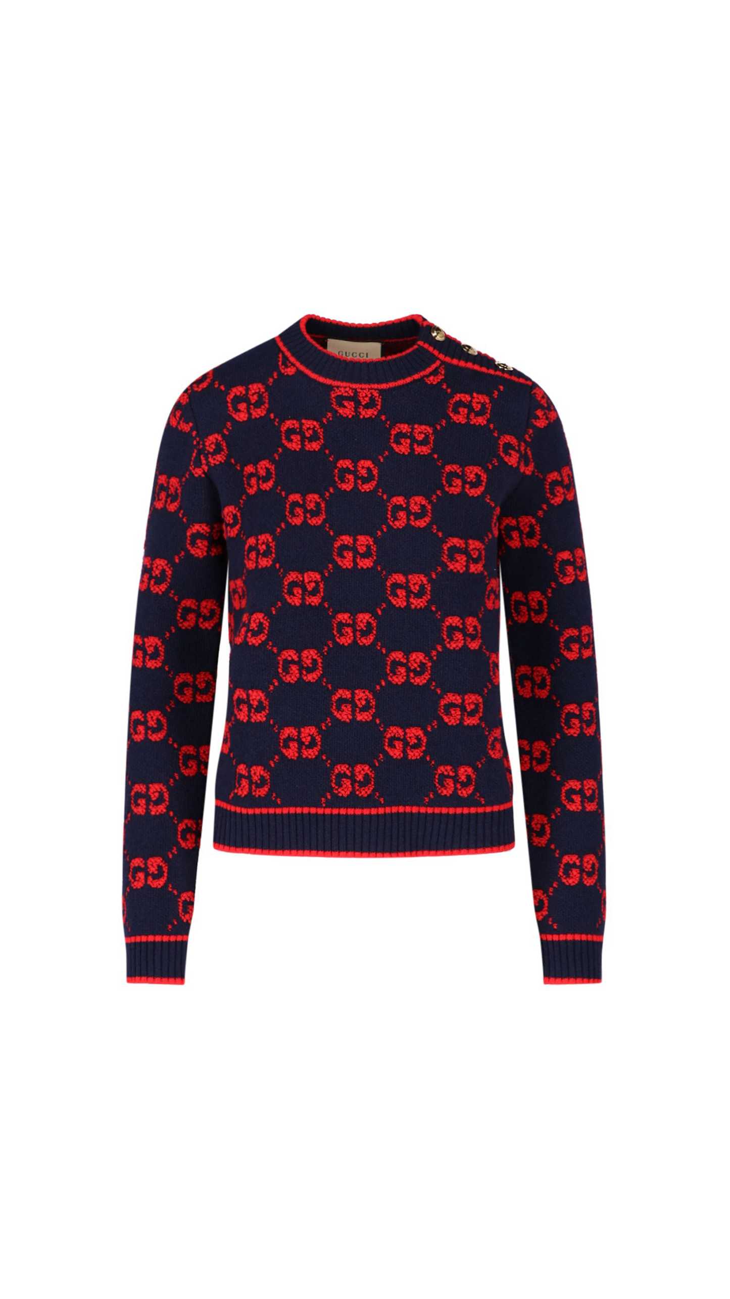 GG Wool Bouclé Jacquard Sweater - Navy/Red