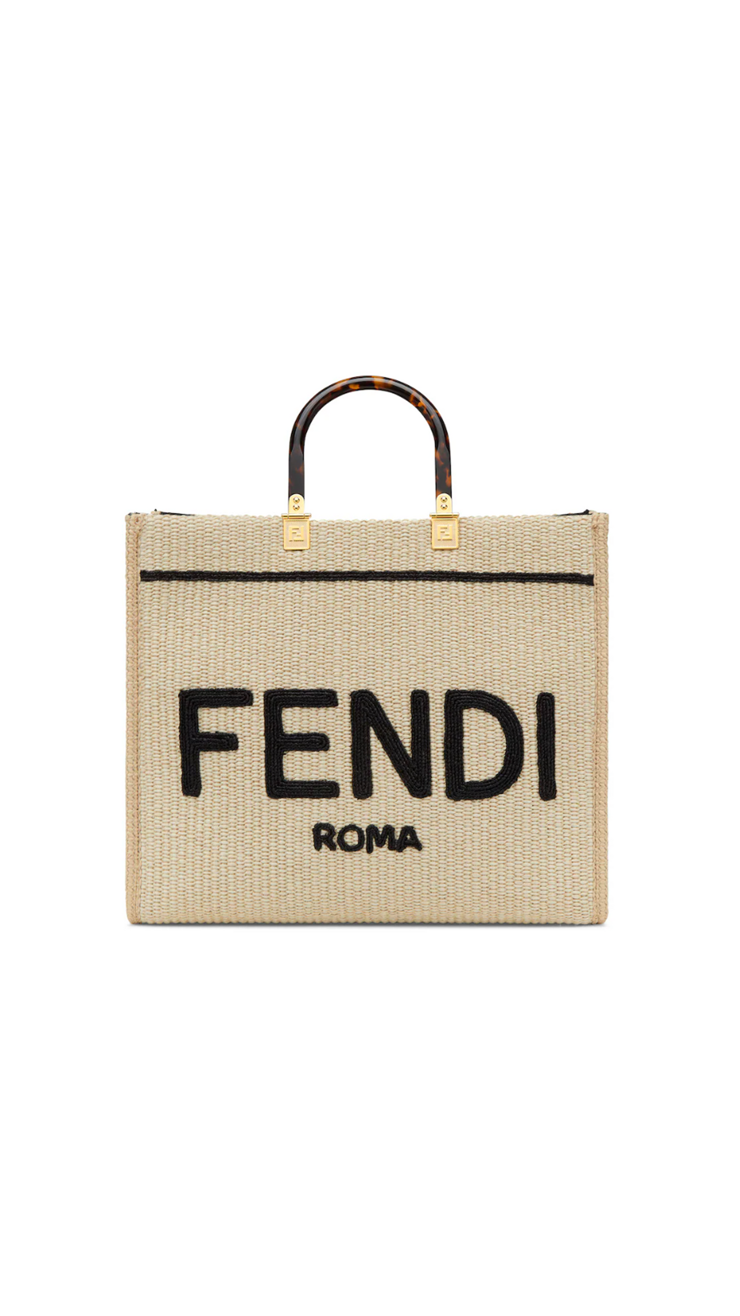 Fendi Sunshine Medium Straw Shopper - Beige / Black