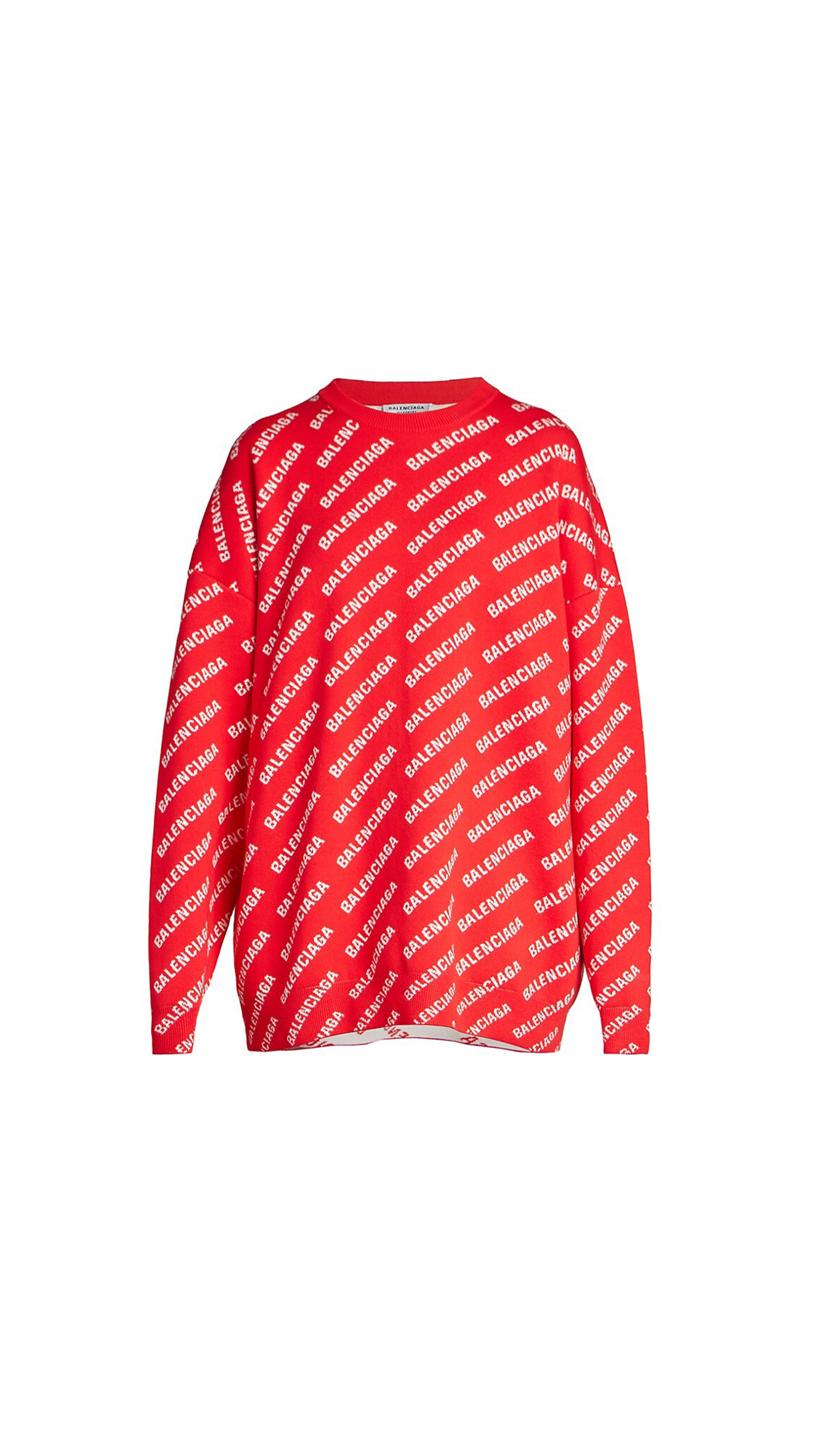 Intarsia Knit Logo Crewneck Sweater - Red / White