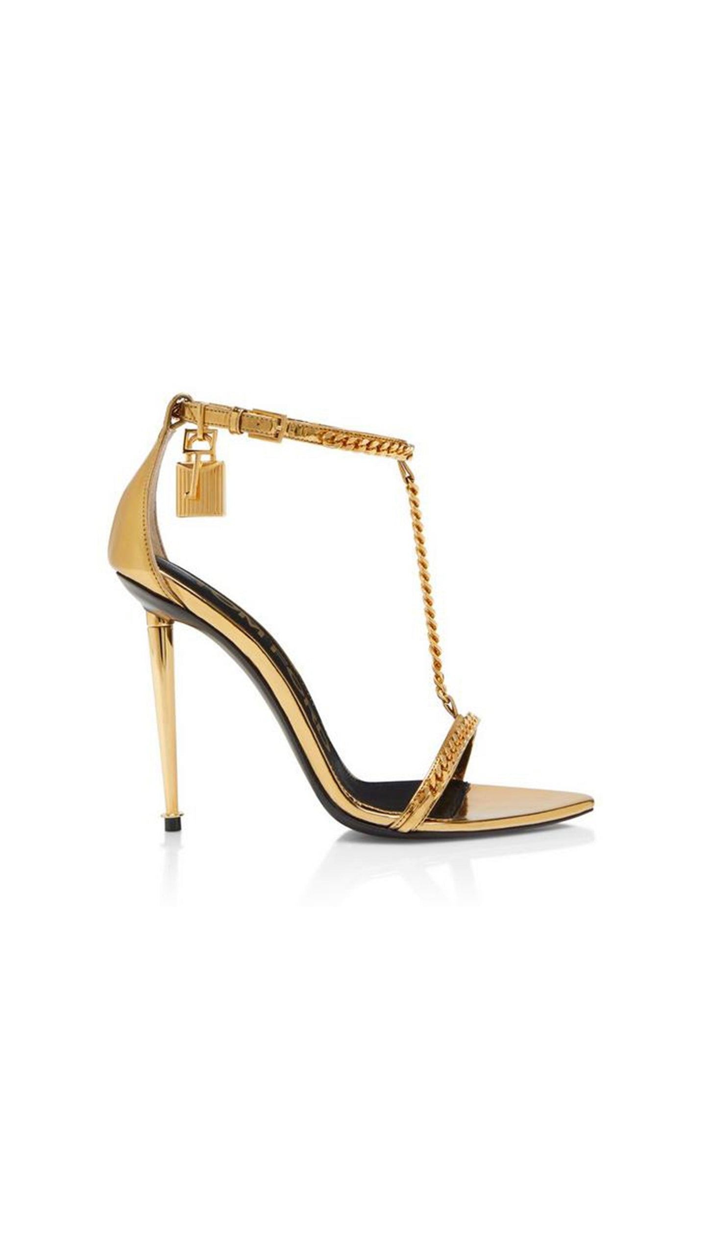 Mirror Leather Padlock Pointy Naked Sandal - Golden