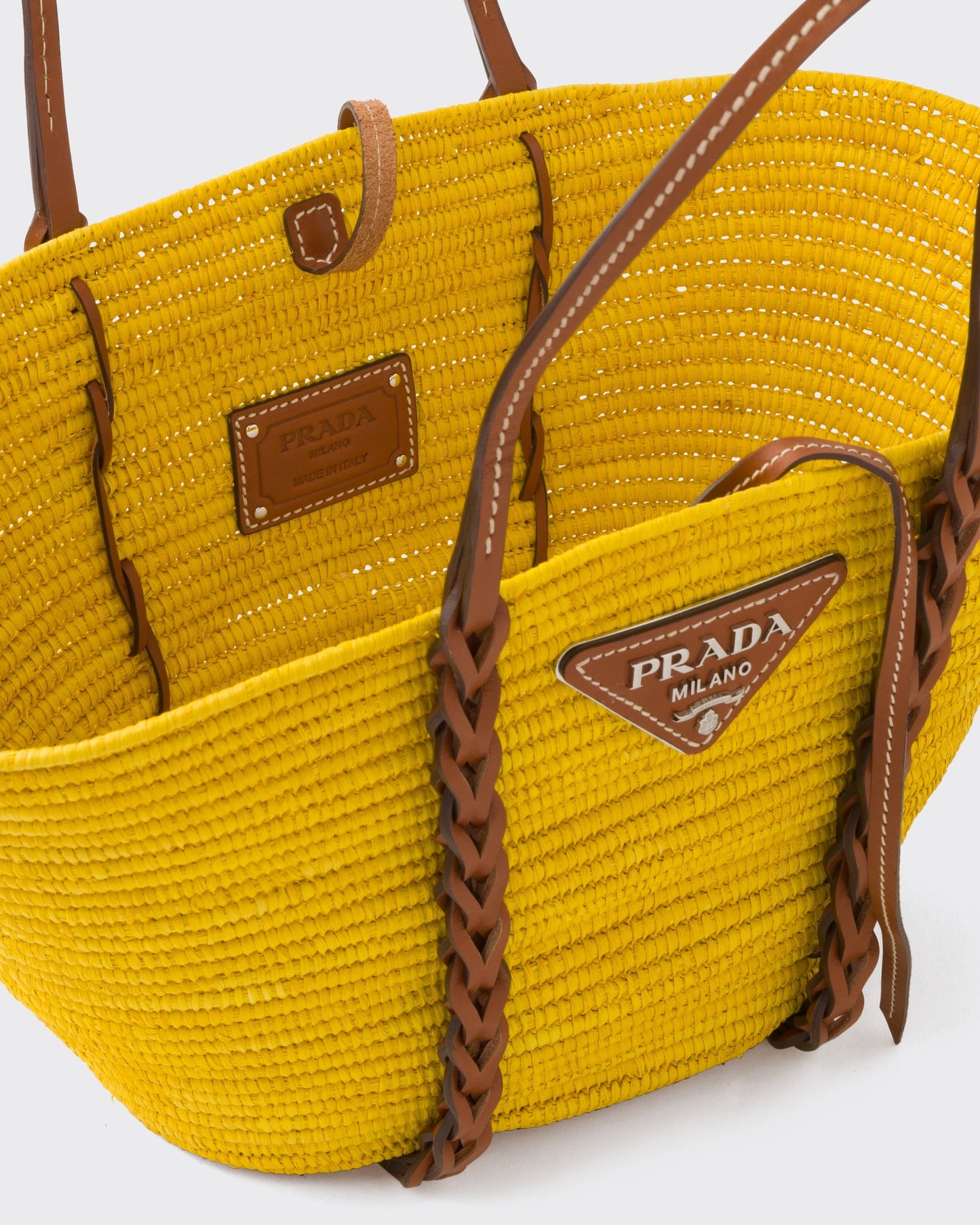 Straw and Leather Shopping Tote - Yellow/Brown