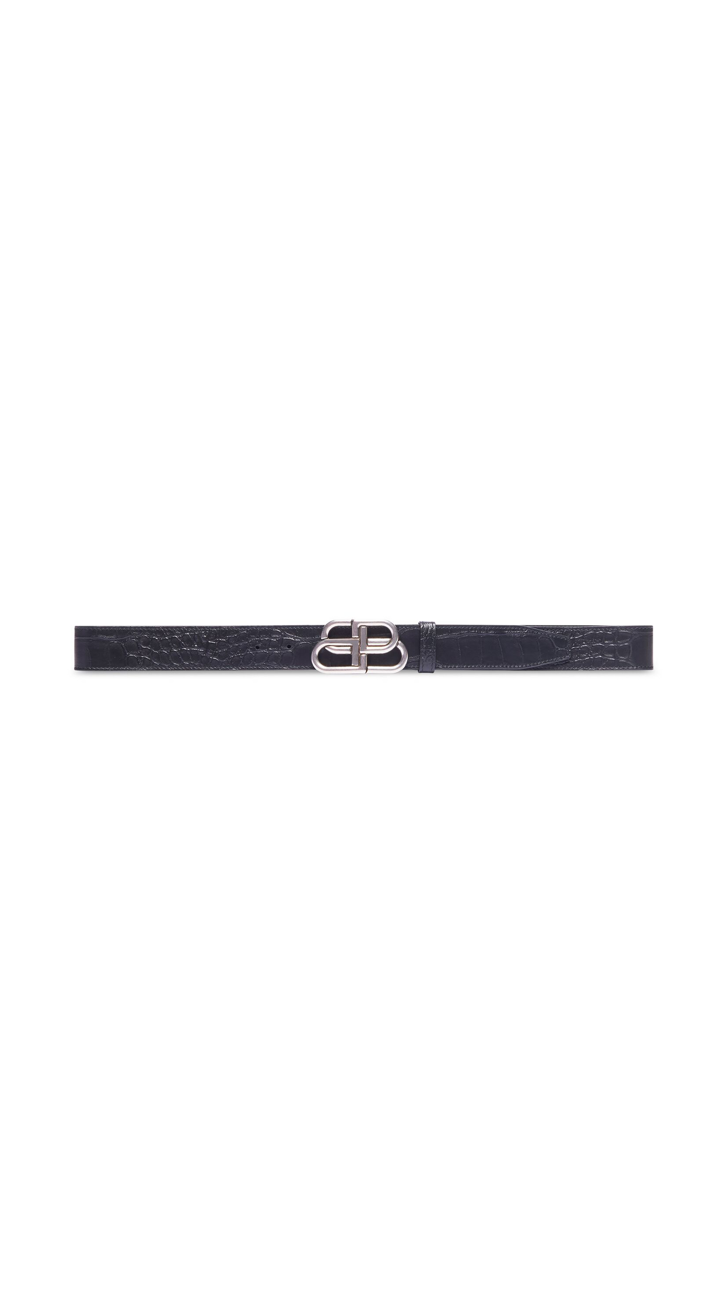 BB Large Belt in Embossed Crocodile Leather & Palladium Buckle - Black