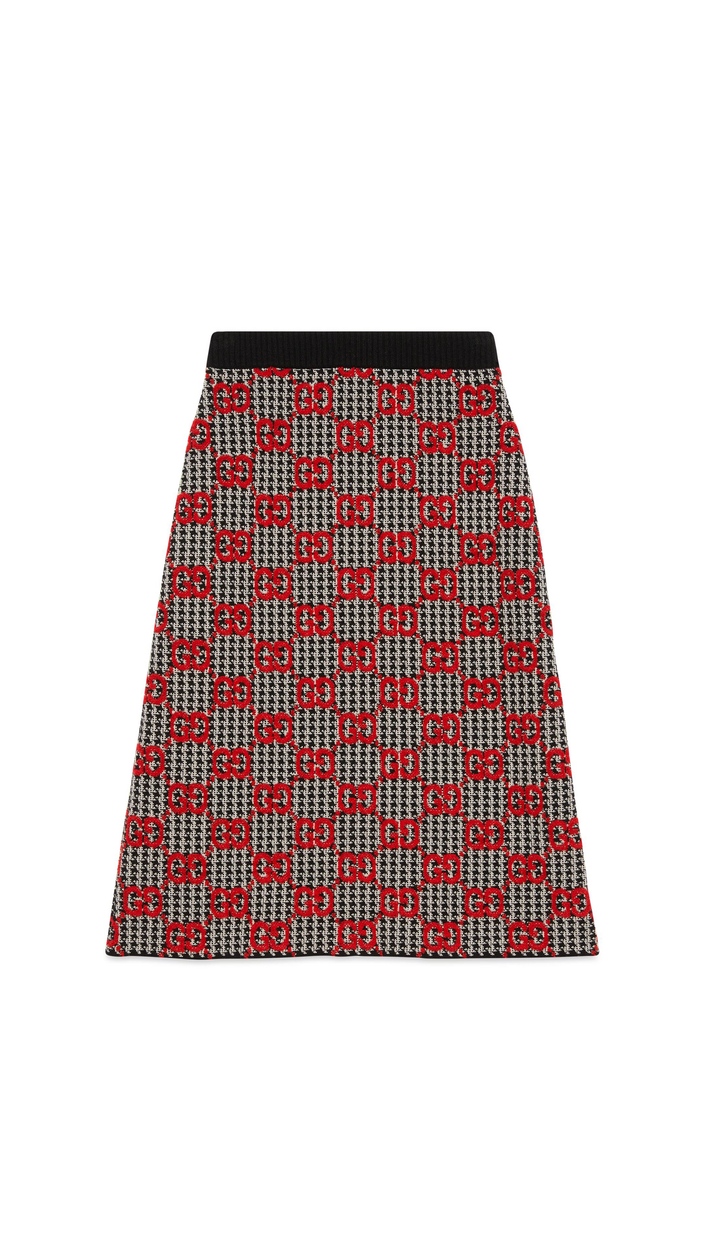 GG Wool Houndstooth Skirt - Black/Ivory/Red