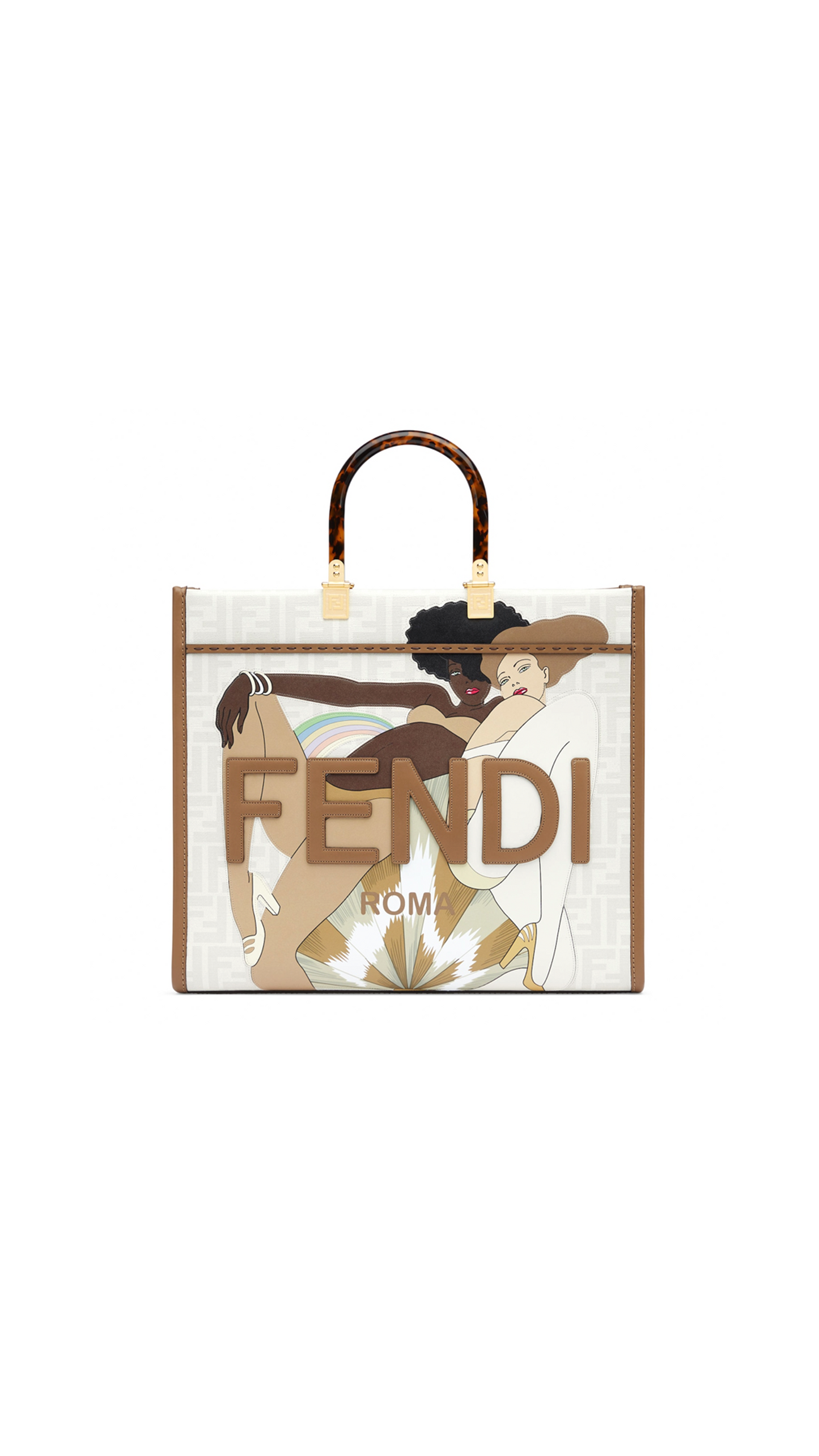 Fendi Sunshine Medium FF Glazed Fabric Shopper With Inlay - White.