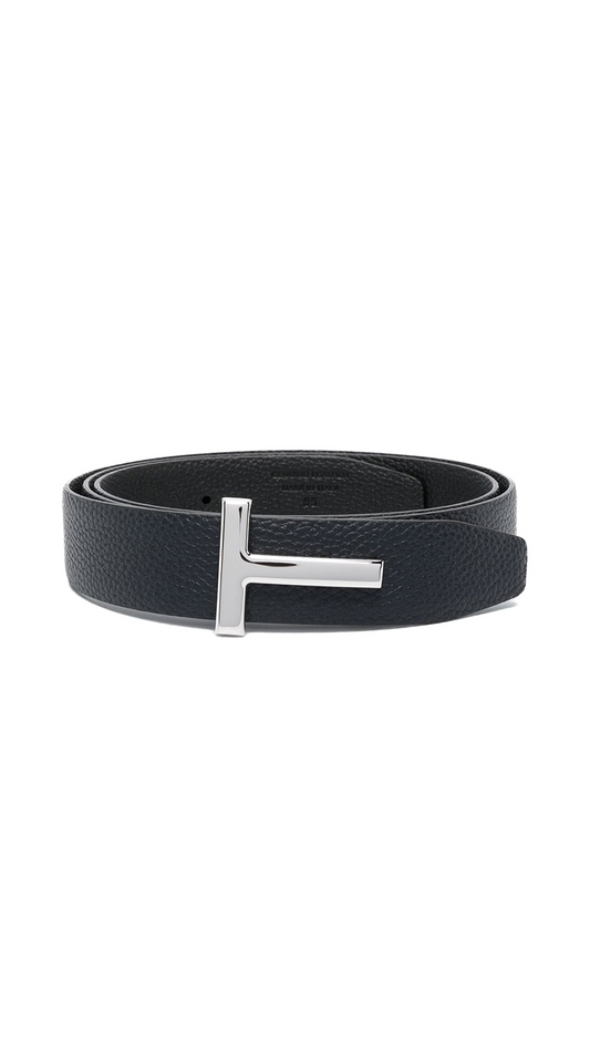 Icon T Belt in Soft Grained Leather - Navy/Black/Silver