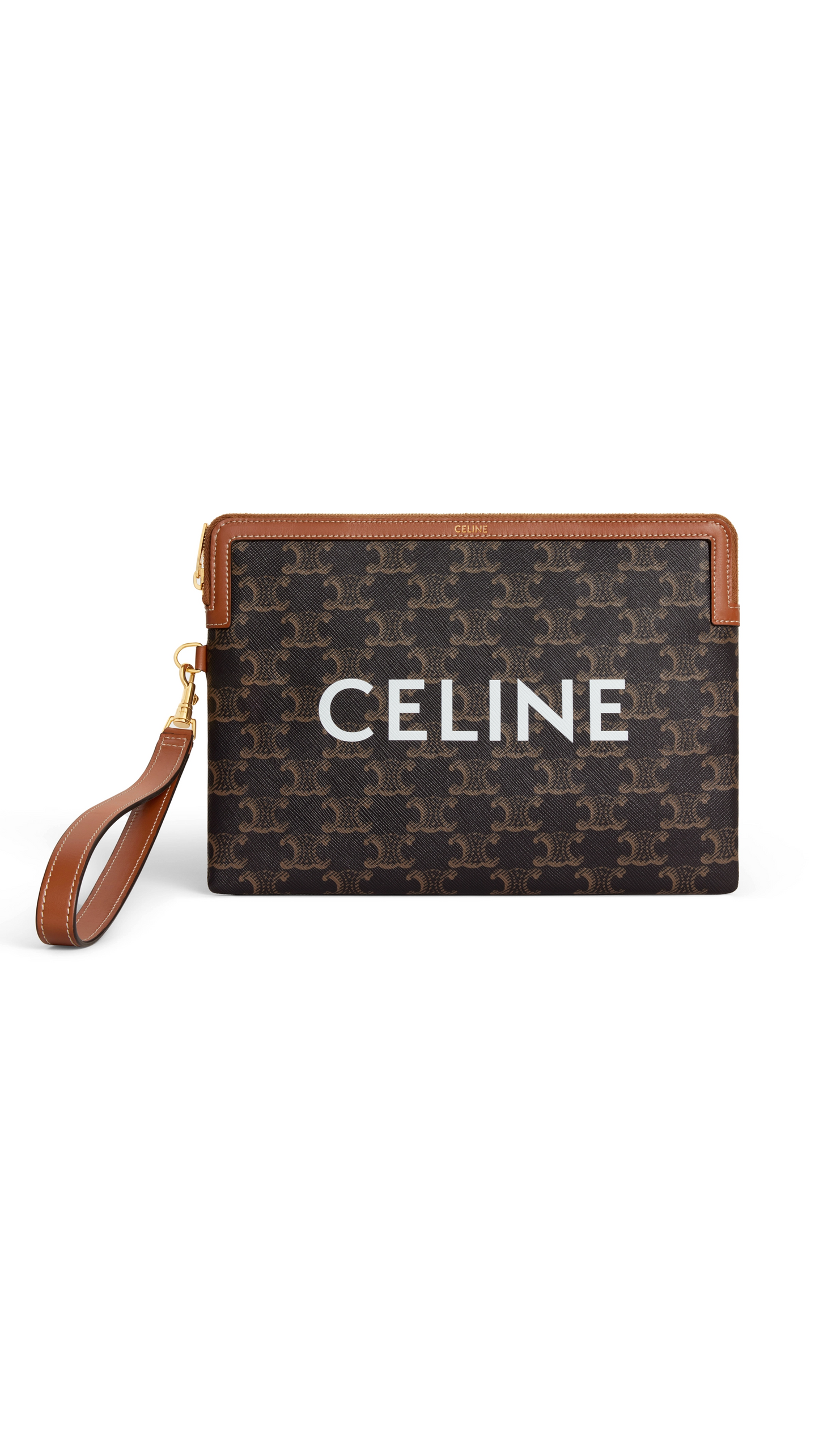 Small Pouch with Strap in Triomphe Canvas with Celine Print - Tan