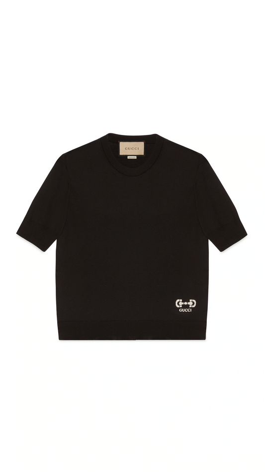 Fine Wool Top with Horsebit Intarsia - Black