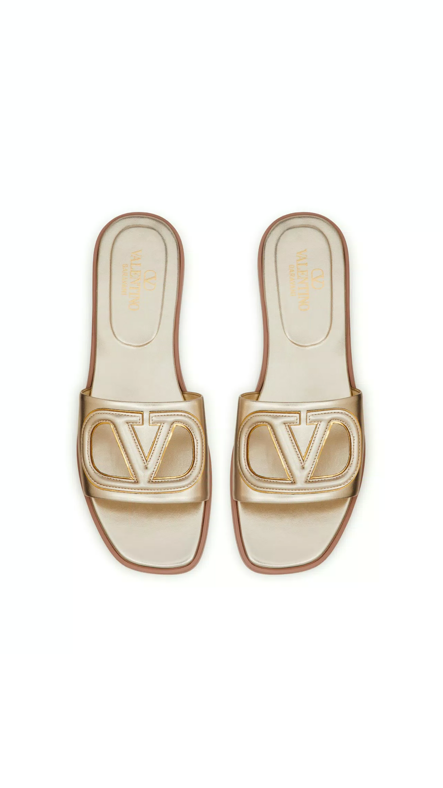 Vlogo Cut-out Laminated Nappa Leather Slide Sandal - Platinum/Antique Brass