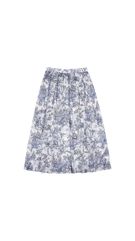 Mid-Length Pleated Floral Skirt - White/Blue